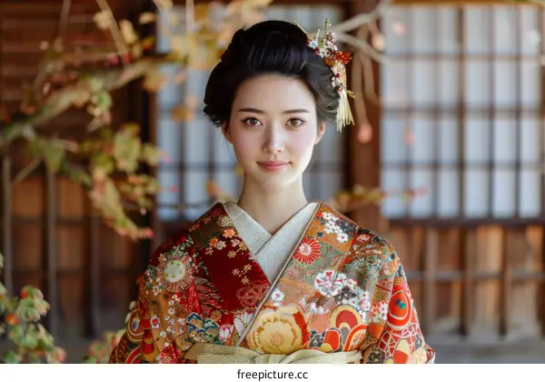 Portrait of a beautiful Japanese woman in traditional kimono