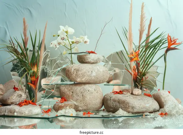 Still life with rocks, flowers, and a mirror