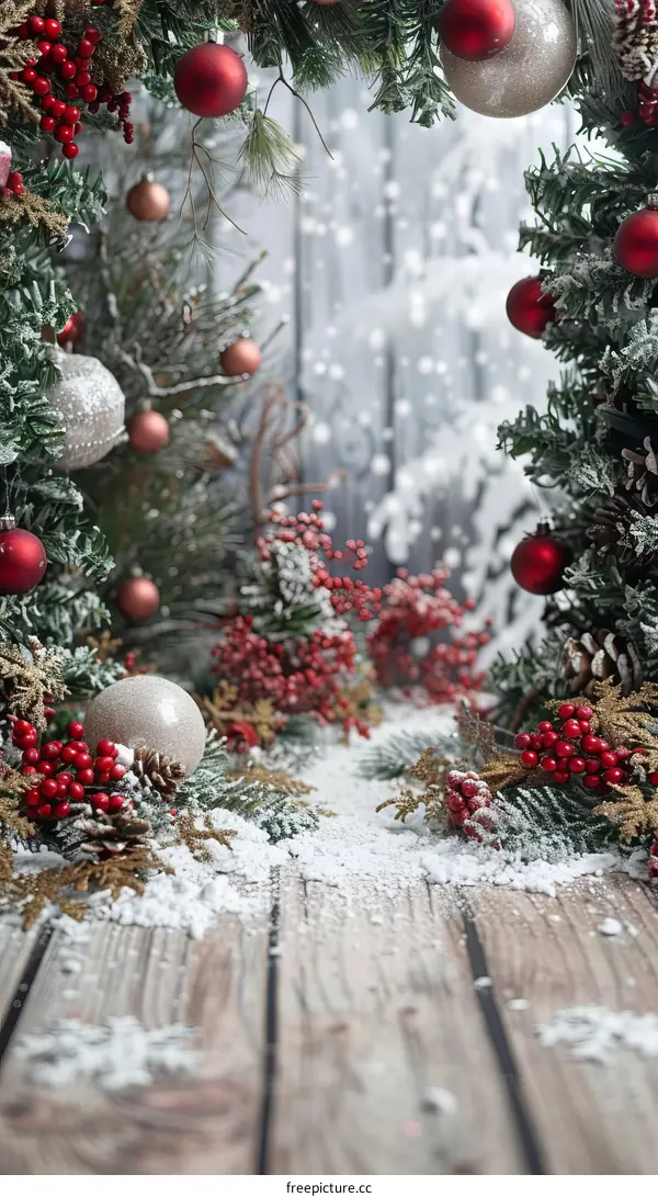 Christmas background with red and silver ornaments and snow