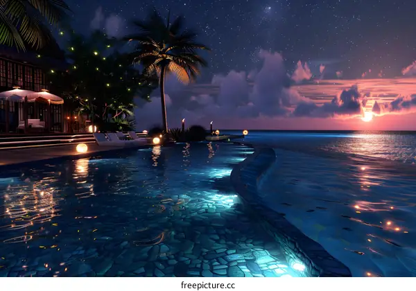 Tropical Beach Night Poolside View with Sunset and Stars