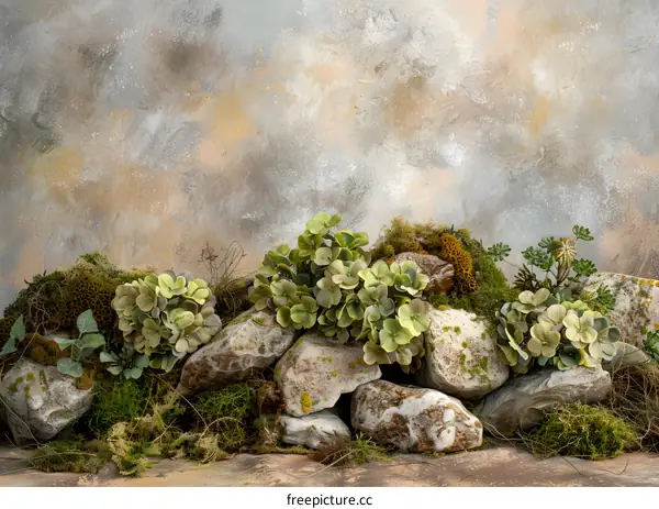 Green Plants on Rocks with a Textured Background