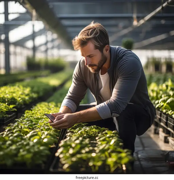 Male botanist checking plants in greenhouse
