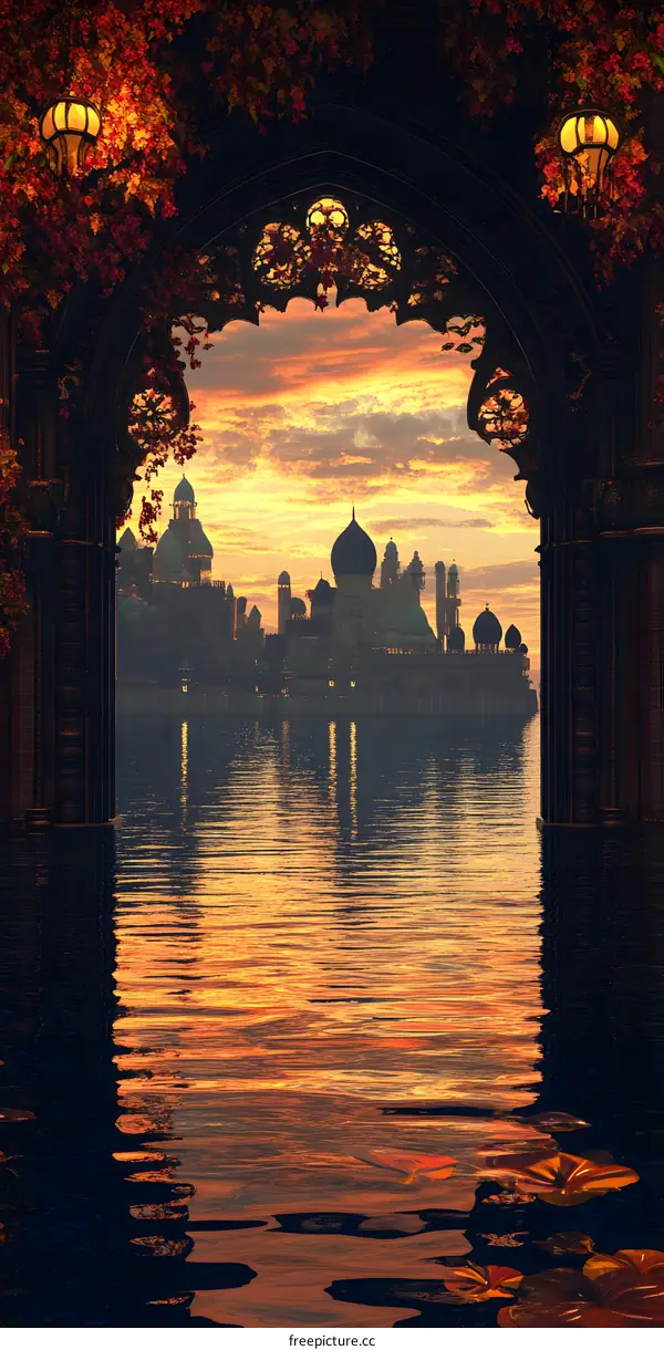 Autumn Leaves Framing Fantasy Cityscape