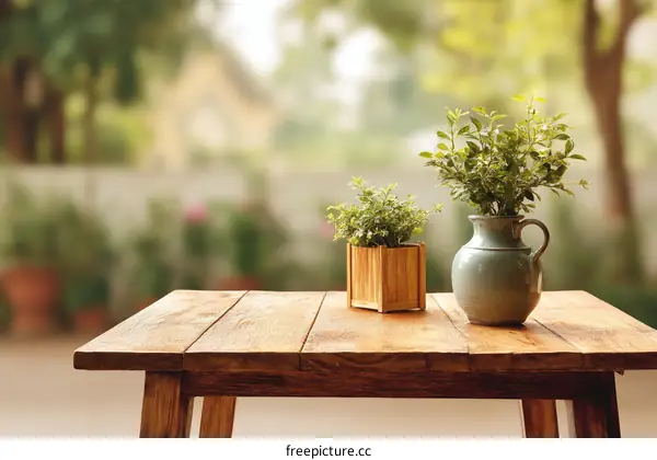 Wooden Table Outdoors with Plants