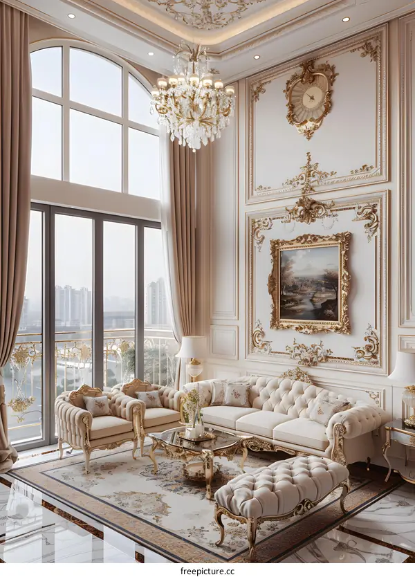 Luxury Living Room Interior Design With Gold Accents And Crystal Chandelier