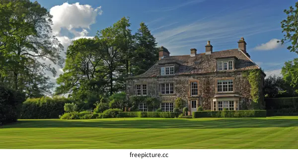 An English country house surrounded by trees and a large lawn