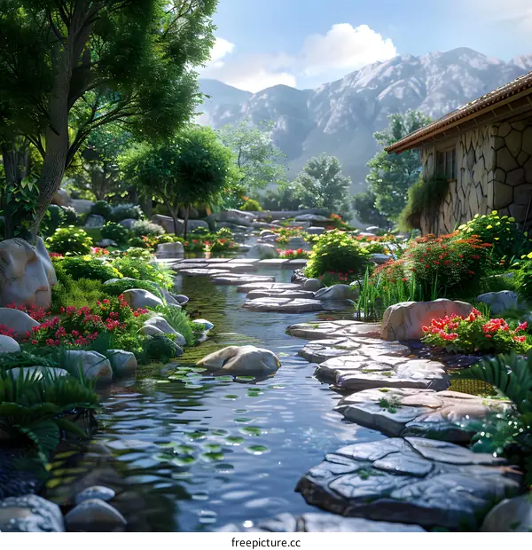 A beautiful landscape with mountains, river and flowers