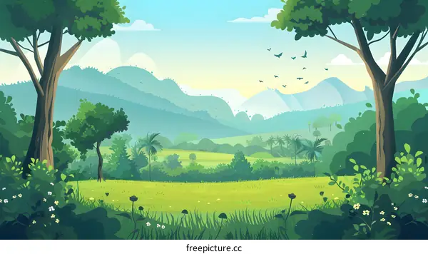 Green Landscape with Mountains and Trees Illustration