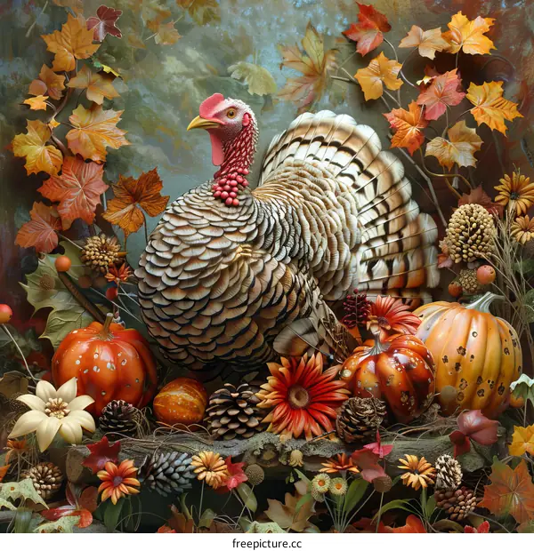 Thanksgiving Turkey with Fall Harvest Decorations