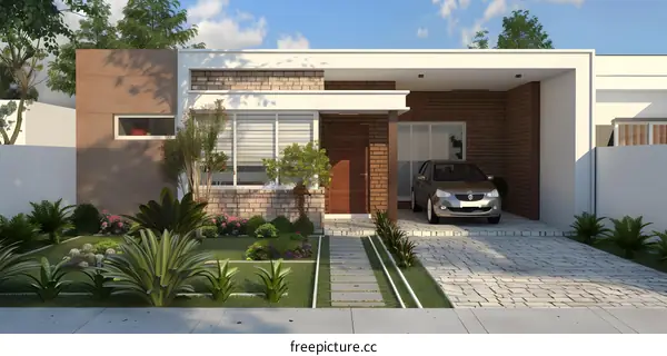 Modern House Front Exterior Design with Brick Wall and Green Landscaping