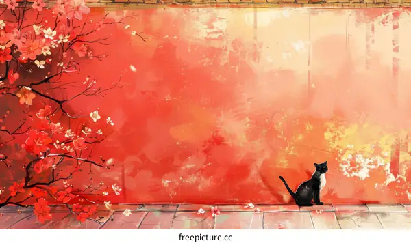 A black cat sitting in front of a red wall with pink plum blossom tree branches
