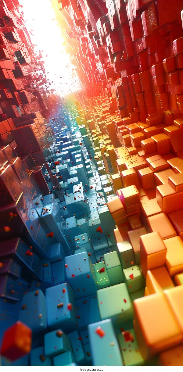 Colorful 3D blocks form a path with a bright light at the end of the path
