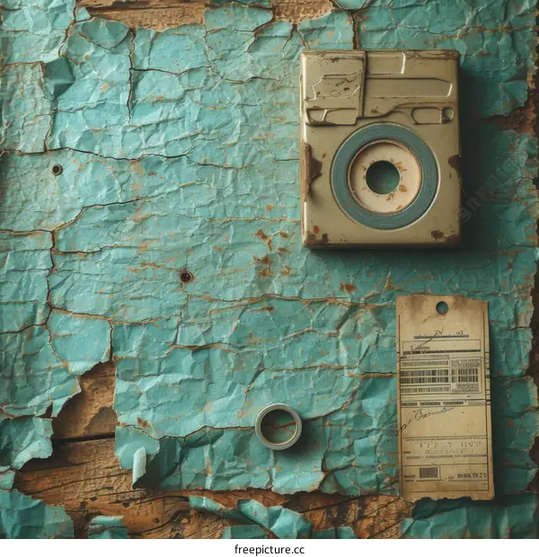 vintage film roll and paper tag on blue grunge background