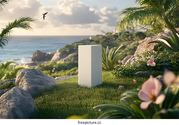 Tropical Island with White Stone Podium and Ocean View