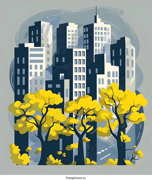 Modern Cityscape with Yellow Trees and Buildings