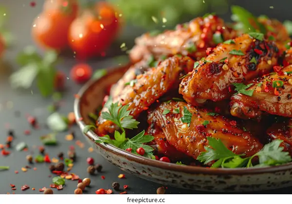 A plate of delicious chicken wings with a variety of spices