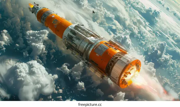 The spaceship is flying in the sky