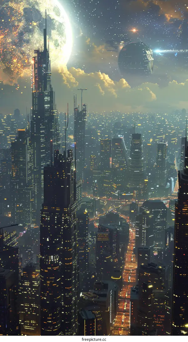 Futuristic Cityscape Under a Full Moon