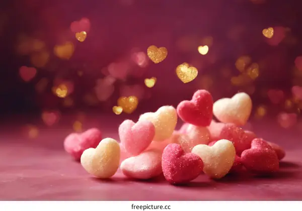 Heart Shaped Valentine Candy Pile on Pink Background