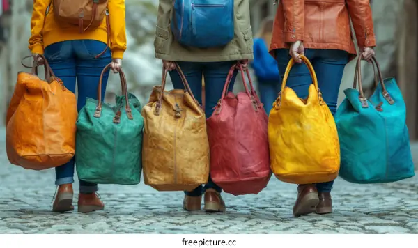 Four women with colorful leather bags