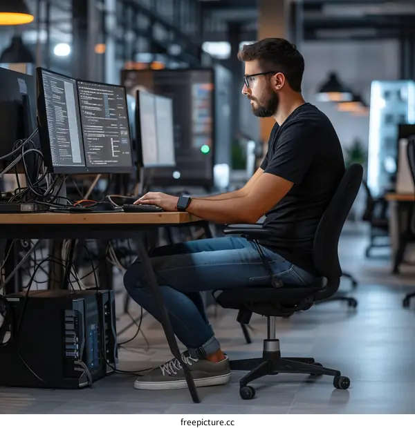 Focused young male software developer working on his project in the office