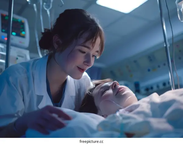 A young female doctor is comforting a young female patient in a hospital.