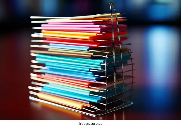 A colorful stack of folders in a metal rack with a blurred background