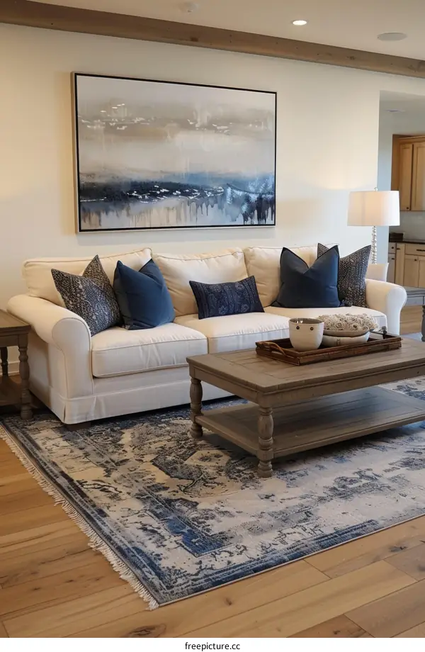 Cozy Living Room Decor with Blue and Cream Accents