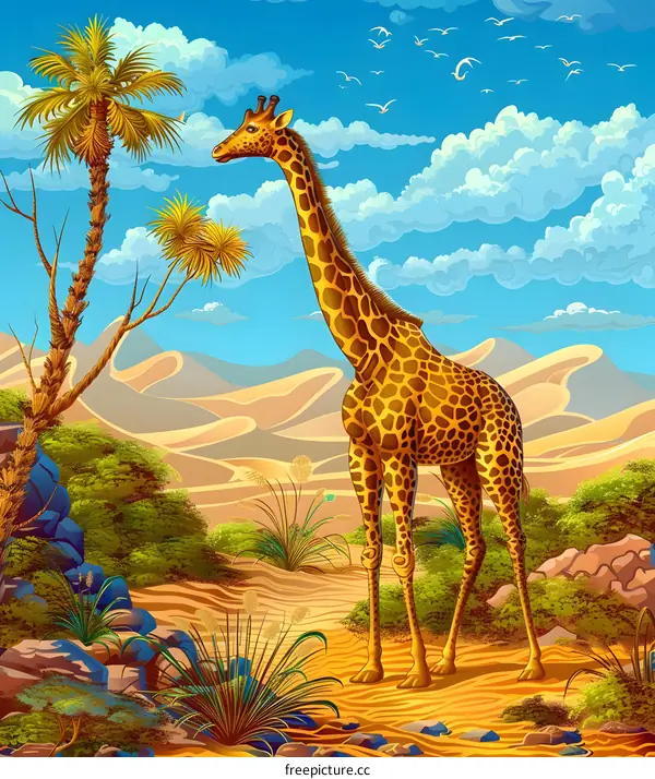 Giraffe in the African Savanna with Palm Trees and Blue Sky