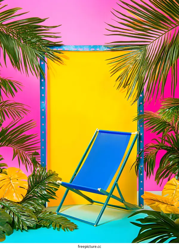 Blue Folding Chair In Tropical Minimalist Setting With Palm Leaves