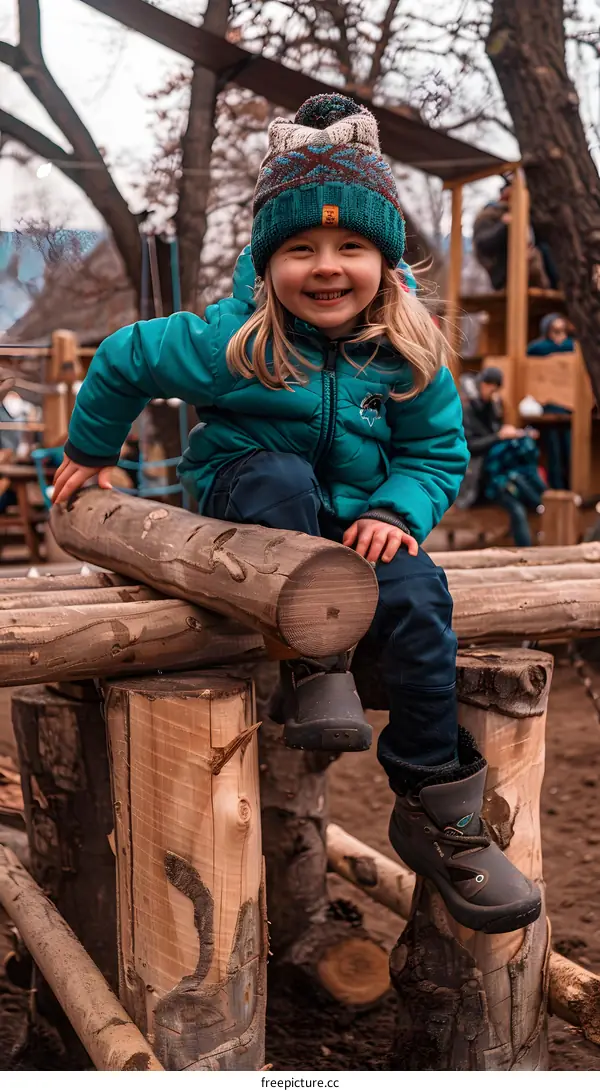 Smiling Little Girl Sitting on Wooden Logs in the Woods