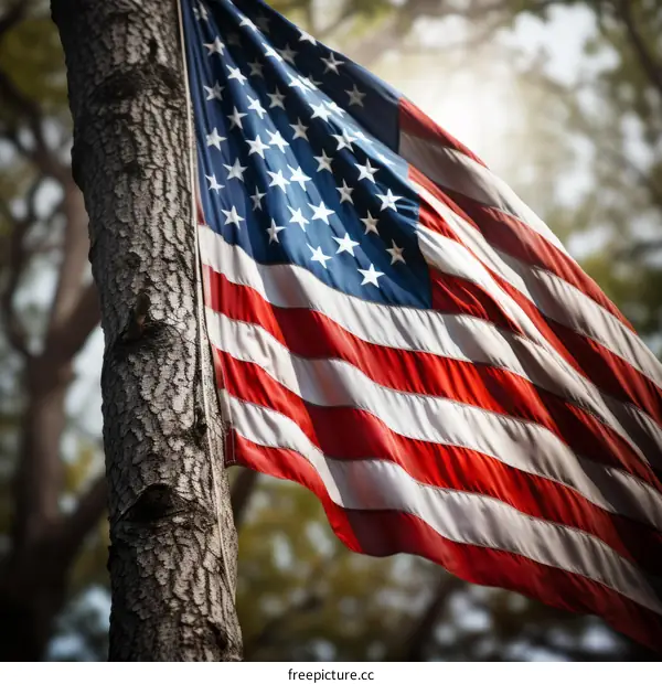 American Flag Adorns Tree Trunk