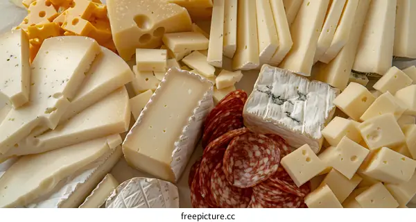 Variety of Cheeses and Salami on White Surface