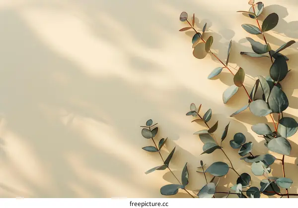 Eucalyptus Leaves Flat Lay with Soft Sunlight Shadows on Beige Background