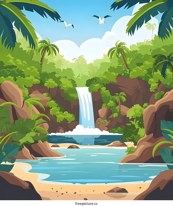 Tropical Waterfall Landscape Illustration