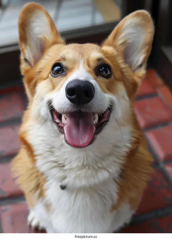 A happy corgi dog is sitting on the floor and looking up at the camera