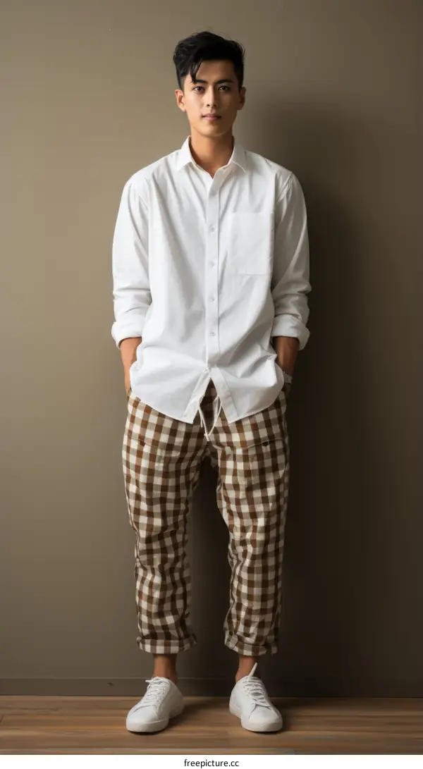 Asian man wearing white shirt and brown checkered pants