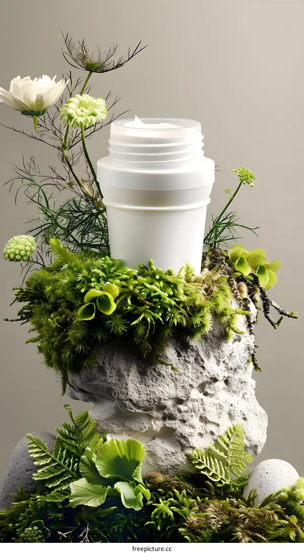 White Cream Jar On Stone With Green Plants
