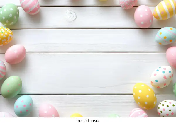 Colorful Easter Eggs on White Wooden Background
