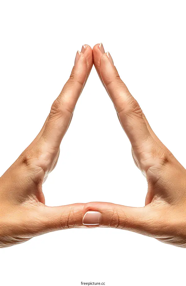 Yoga hand gesture forming triangle shape isolated on white background