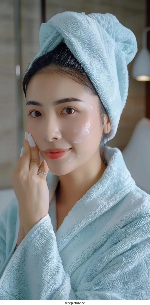Asian Woman Applying Moisturizer in Bathrobe