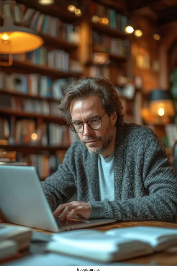 Man in a library using laptop