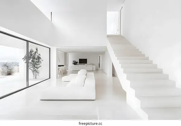 Modern White Minimalist Interior Design with Staircase and Large Window