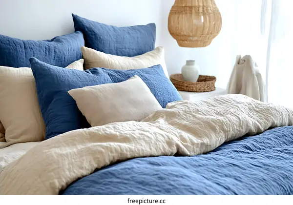 Elegant Linen Bedding Set in Blue and Beige