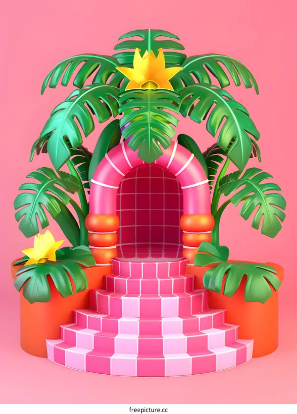 Pink and Green Tropical 3D Arch with Stairs