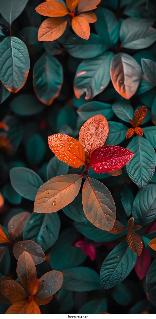 Close Up of Red and Orange Leaves With Dew Drops