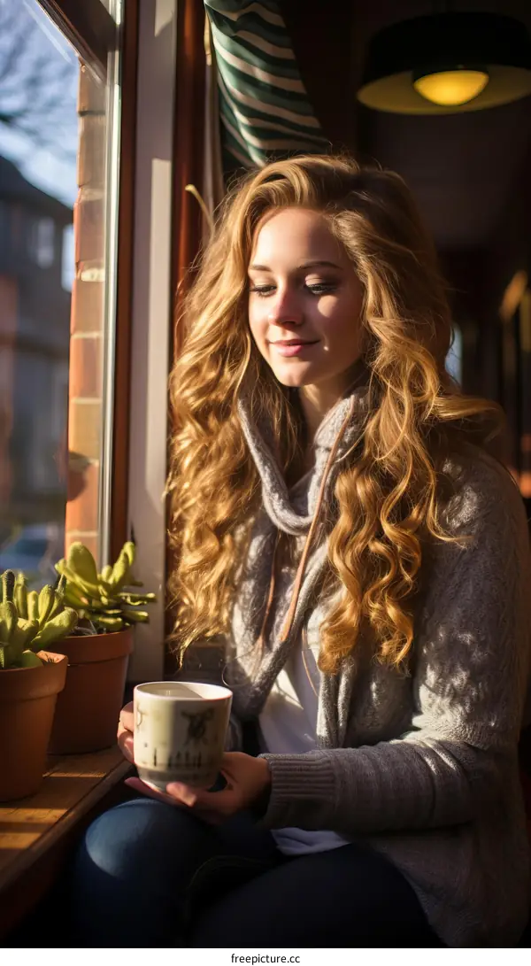 Young woman sitting by the window and drinking coffee