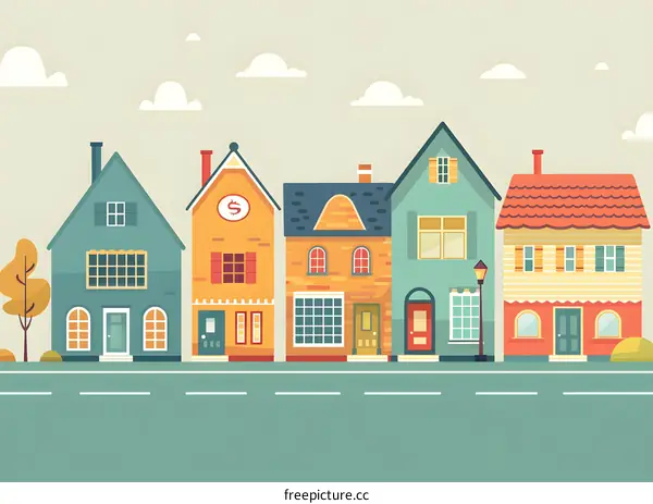 Cute Cartoon Illustration of Colorful Houses on a Street