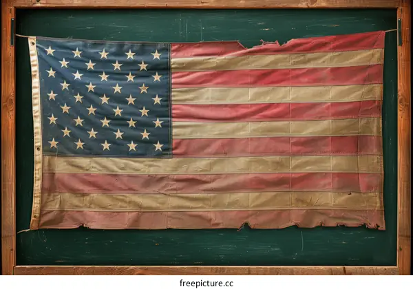 Close up of an old American flag hanging on a wooden frame