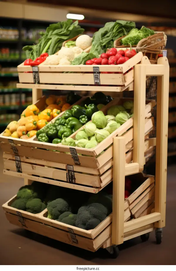 Fresh vegetables and fruits on wooden shelves in supermarket